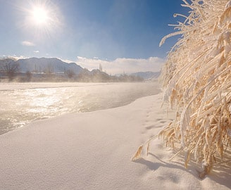 Sunrise and winter landscape with snow, Indus river, Ladakh