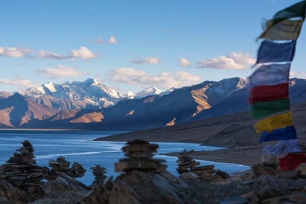 Tso Moriri Lake and prayer flags, Ladakh