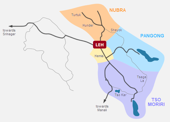 Nubra valley, Pangong lake & Tso Moriri lake tour, Ladakh Map
