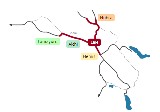 Map, Leh-Ladakh Monasteries tour